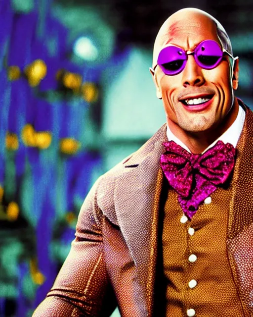 Image similar to Film still close-up shot of Dwayne Johnson as Willy Wonka from the movie Willy Wonka & The Chocolate Factory. Photographic, photography