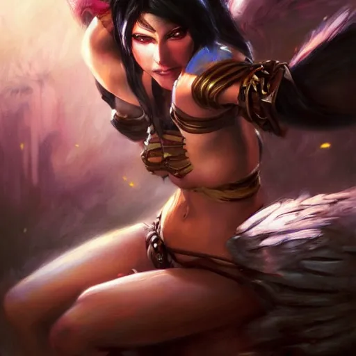 Image similar to nidalee from league of legends, epic scene, paint by Raymond Swanland