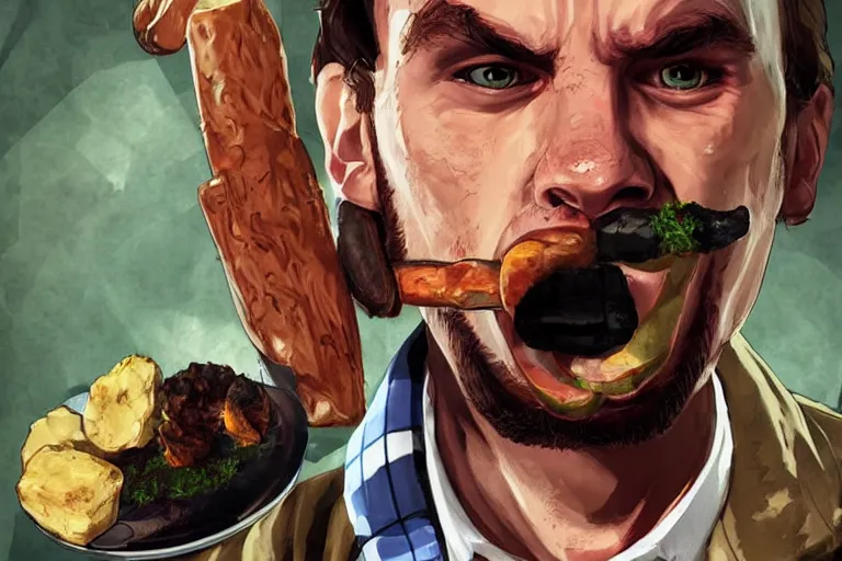 Image similar to a scottish scotland guy eating edible in scotland gta 5 loading screen art, trending on artstation