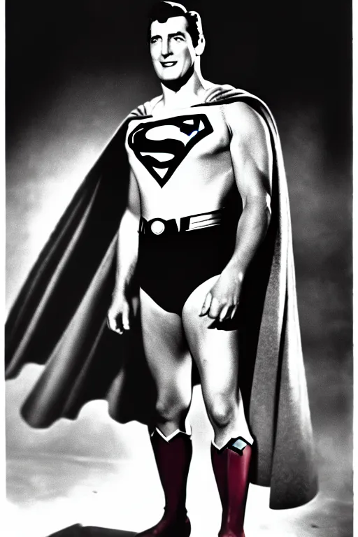 Image similar to rock hudson playing superman in, superhero, dynamic, 3 5 mm lens, heroic, studio lighting