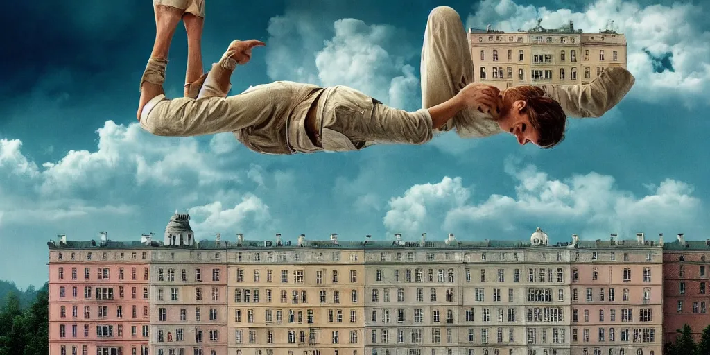 Image similar to a very high resolution image from a new movie, upside - down building, beautiful scenery, photorealistic, photography, directed by wes anderson