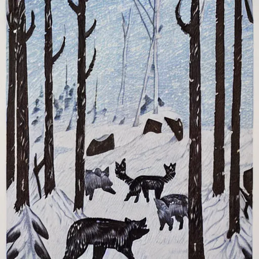 Prompt: haida art depiction of a winter forest with snow and wolves