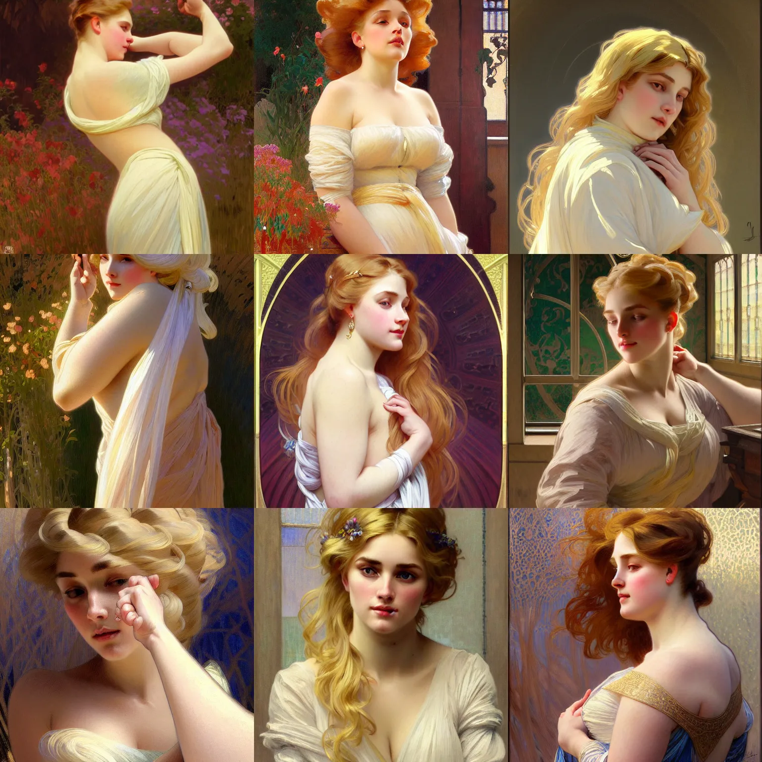 Prompt: painted portrait of a shy wife blessed by god with ever - increasing intelligence beauty and virtue. blonde, modest curvy holy body, light effect. feminine, powerful, in clothes! intricate, elegant, highly detailed, digital painting, artstation, concept art, smooth, sharp focus, illustration, art by gaston bussiere and alphonse mucha