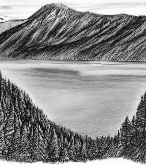 Image similar to a drawing of lago di sorapis, in the style of den yakovlev, black and white, hyper realistic, highly detailed