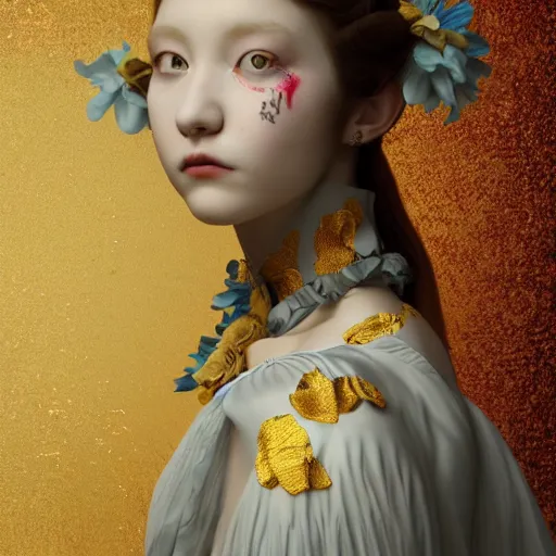 Image similar to 8k, octane render, realism, tonalism, renaissance, rococo, baroque, portrait of a young lady wearing long harajuku manga dress with flowers and skulls, background chaotic gold leaf flowers