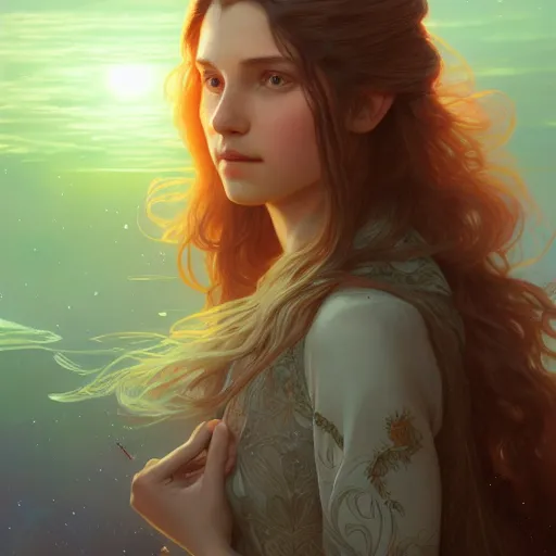 Image similar to aurora, girl with super long hair, hair becoming bright stars, intricate, highly detailed, digital painting, artstation, concept art, smooth, sharp focus, illustration, unreal engine 5, 8 k, art by artgerm and greg rutkowski and alphonse mucha