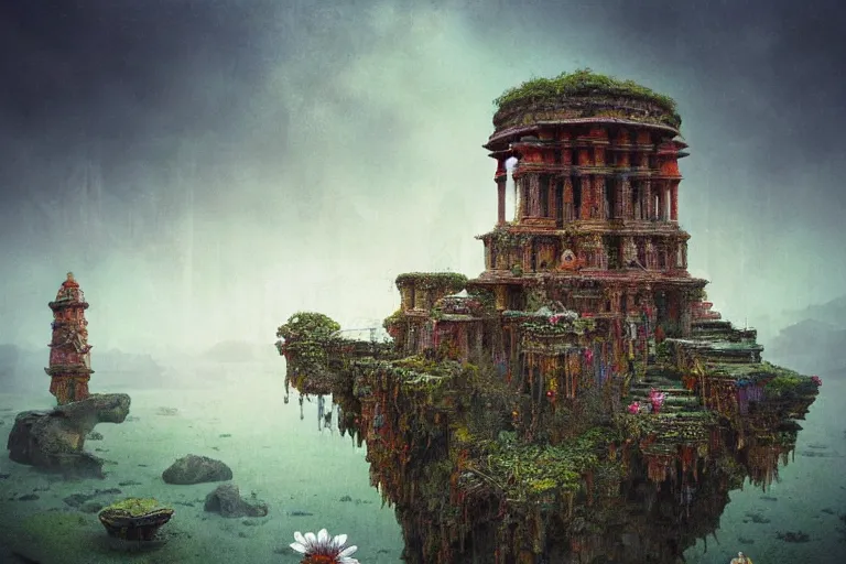 Image similar to photography of a beautiful archipelago of never seen before stunning ancient indian temple. intricate pilars patern, runes. water and flowers. inspiring science fiction, intricate, elegant, uplifting, inspirational, highly detailed by beksinski and simon stalenhag