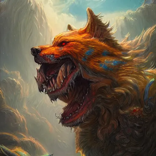 Prompt: fenrir colorful, fantasy, intricate, highly detailed, digital painting, hq, trending on artstation, illustration, style of stanley artgerm and greg rutkowski and dan mumford