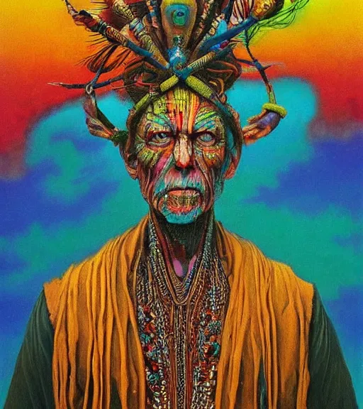 Image similar to Portrait painting in a style of Beksinski mixed with Alex Grey of an old shaman dressed in a colorful traditional clothes. Very psychodelic