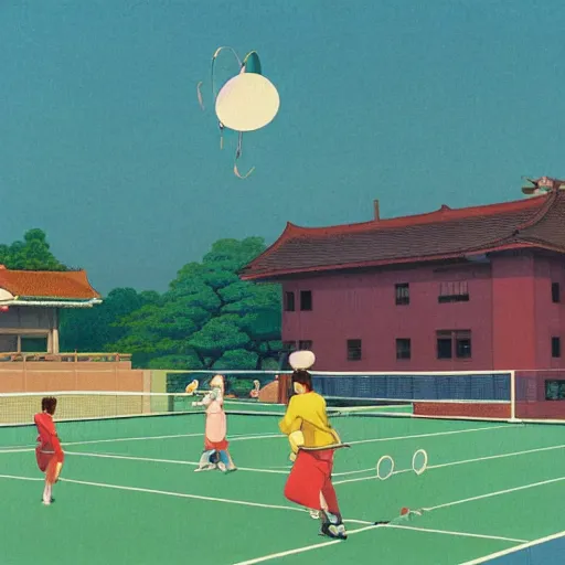Prompt: a colorful illustration of animals playing badminton, by kawase hasui, Edward Hopper and James Gilleard, Zdzislaw Beksinski, Steven Outram colorful flat surreal design, hd, 8k, artstation