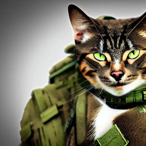 Image similar to cat soldier in call of duty warzone 4k, complete heterochromia brown and green eyes, high detail, high-resolution photograph, professional photography, ultra-detail