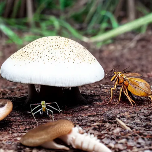 Image similar to real photo of a carnivore mushroom with some dead insects next to it