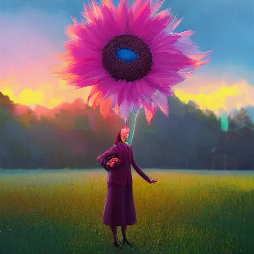 Image similar to giant daisy flower head, frontal, girl in a suit, surreal photography, sunrise, dramatic light, impressionist painting, digital painting, artstation, simon stalenhag