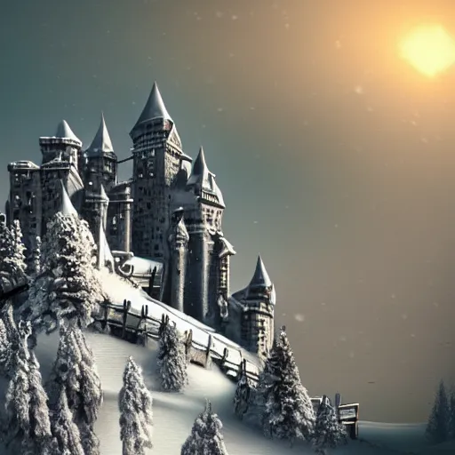 Prompt: fantasy fortress in snow - covered landscape