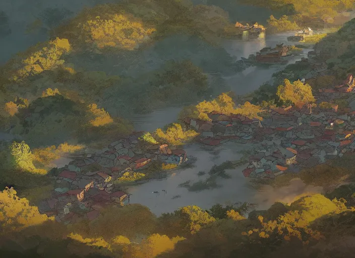 Prompt: concept art painting of a distant small woodland village by a river in a mountain valley seen from above, early morning, european japanese buildings, cel shaded, realistic, by makoto shinkai and moebius and anton fadeev and greg rutkowski and james gurney