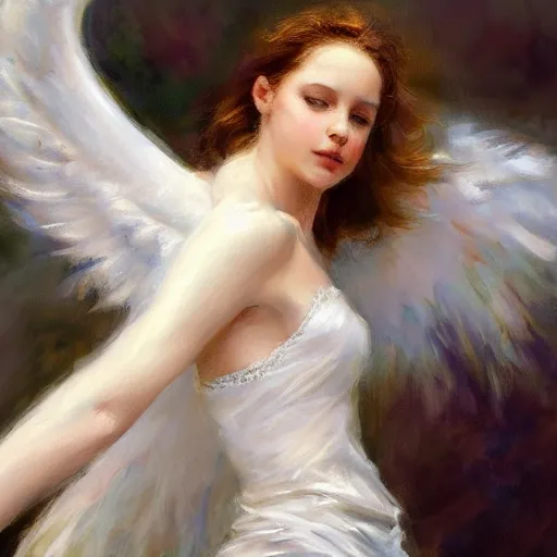 Prompt: a beautiful portrait of an angel with a beautiful face and her huge white wings spread out painted by gerhartz, highly detailed, beautiful, back lit, graceful and elegant, ethereal.