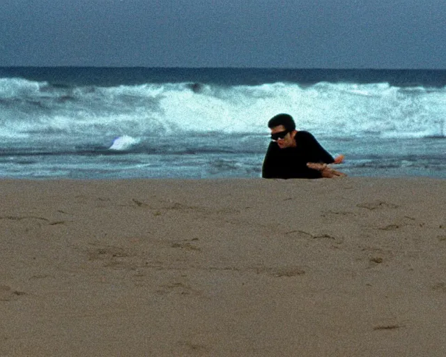 Prompt: a wide angle movie still from the matrix 1 9 9 9 showing neo surfing at the beach, shot on celluloid with panavision cameras, panavision lenses, 3 5 mm film negative width, anamorphic projection format, critically acclaimed, oscar winning practical effects