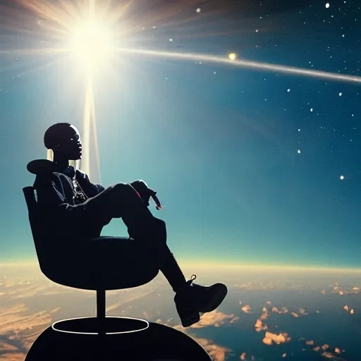 Image similar to Travis Scott sitting on a chair floating over Earth, 4k, Aubrey Powell, vintage photo, lens flare, beautiful cinematography, surreal, film grain