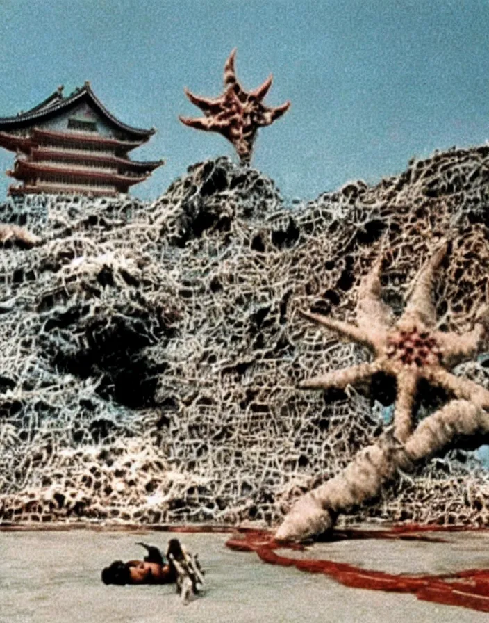 Prompt: a filmstill of a north korean monster movie, kaiju - eiga monster starfish - like trampling a traditional korean palace, kodachrome, film noir, dream - like, etheral, explosions, thriller, by akira kurosawa and wes anderson video compression