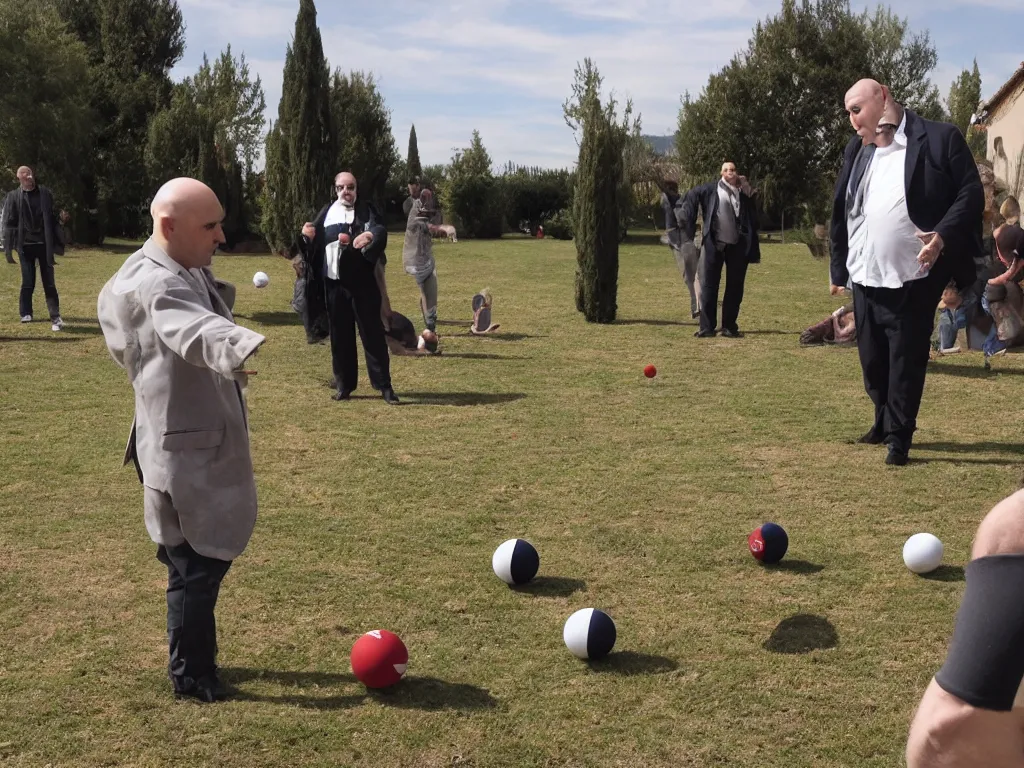 Image similar to nosferatu is playing petanque balls with one french fat dudes in south of france