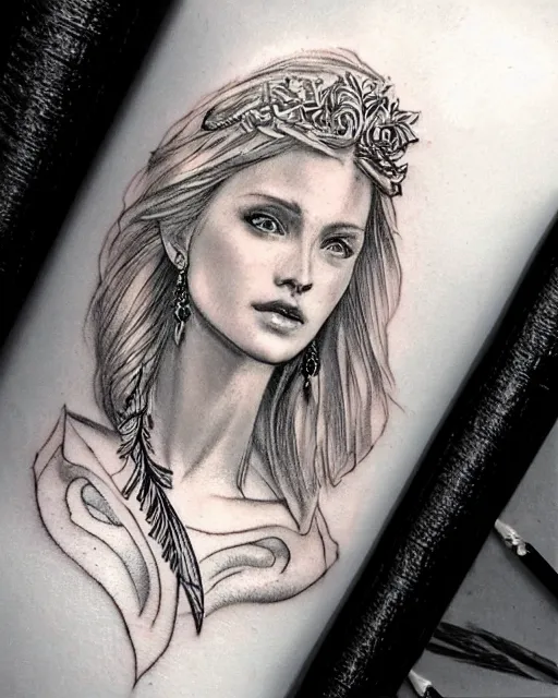 Image similar to tattoo sketch of beautiful greek goddess aphrodite with arrowhead earrings, beautiful piercing eyes, flowing blonde hair, realistic face, hyper realistic, in the style of greg rutkowski, fantasy, amazing detail, epic, intricate, elegant, smooth, sharp focus