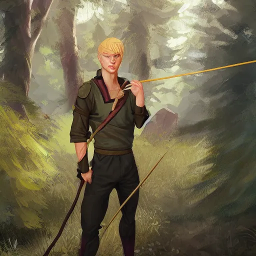 Prompt: archer boy, blonde hair, green eyes, holding bow and arrow, highly detailed, full body, in the forest, artstation, by charlie bowater