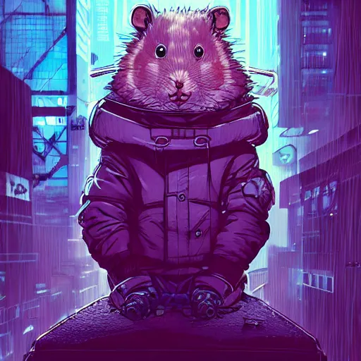 Image similar to high detailed anthropomorphic hamster in a cyberpunk rainy city at night by josan gonzalez, purple and blue neons, unreal engine, high quality, 4 k, uhd, trending on artstation, wires, blade runner vibes, ghost in the shell, akira, dorohedoro