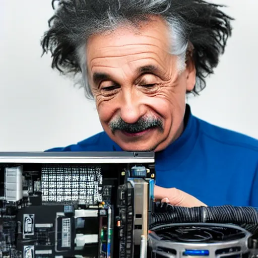 Prompt: Studio photo of Einstein building a PC, detailed, 50mm