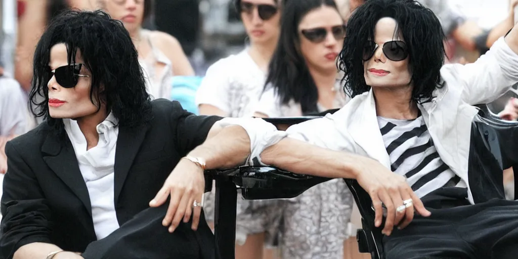 Image similar to michael jackson 2 0 0 9 wearing shades, alone, this is it style, photo real, skin, motion blur, sitting in a chair, by himself, real life, spotted, leaked, ultra realistic face, accurate, 4 k, movie still, uhd, sharp, detailed, cinematic, render, modern