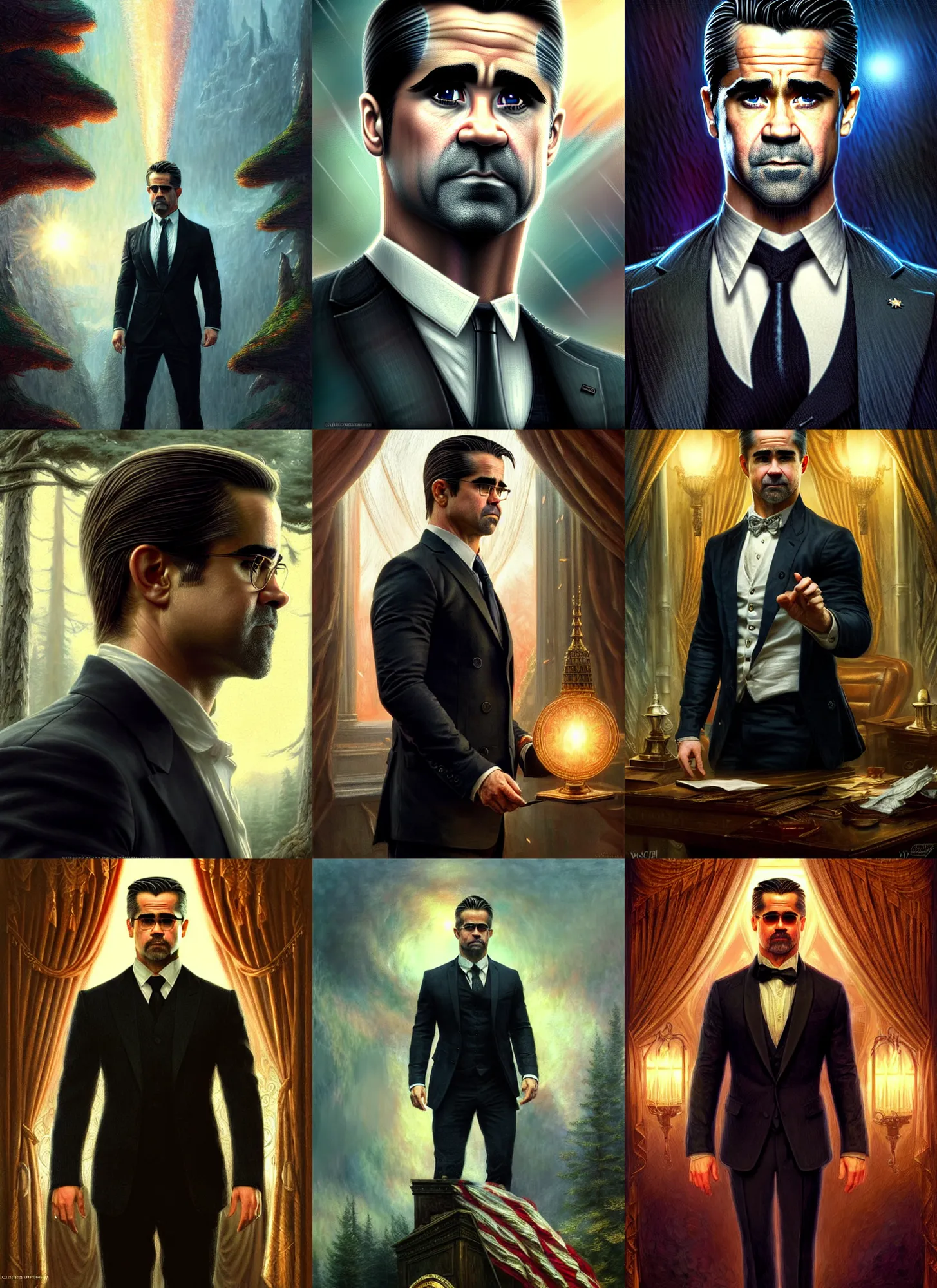 Prompt: colin farrell as the president of the united states of america, fantasy magic, light night, intricate, elegant, sharp focus, illustration, highly detailed, digital painting, concept art, matte, art by wlop and artgerm and ivan shishkin and andrey shishkin, masterpiece