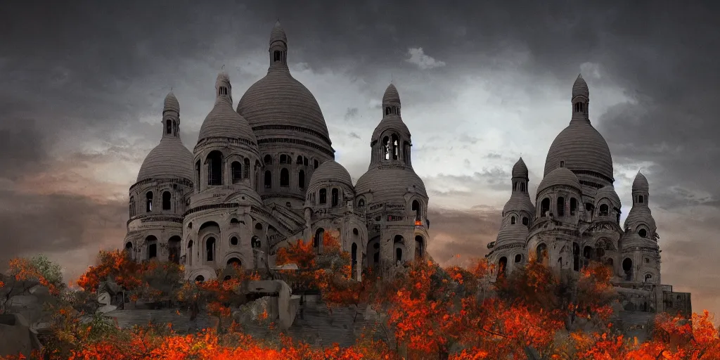 Prompt: the abandoned post-apocalyptic Basilica of Sacré Coeur de Montmartre, toxic orange clouds and contrast the white exterior, a two-headed deer looks on in the distance from the sparse twisted silhouetted foliage, a highly detailed matte painting, featured on Artstation