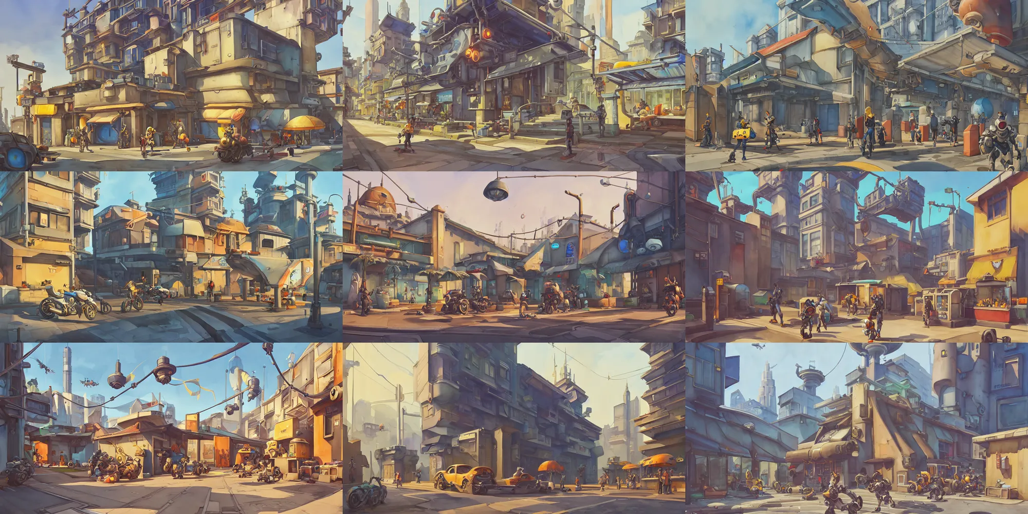 Prompt: overwatch building, stylized, exterior, architecture, in watercolor gouache detailed paintings, insanely detail, artstation, 8 k, futuristic, big medium small, arcane, simon stalenhag, food stall, interesting shapes & form, golden ratio, hard surface, props, giant gate, massive wall, slums, street