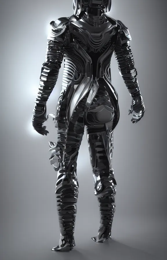 Image similar to futuristic warrior with latex suite details, with his back to the viewer, futuristic space suite, back light, full body view, 8 k, 3 d render, cinematic lighting