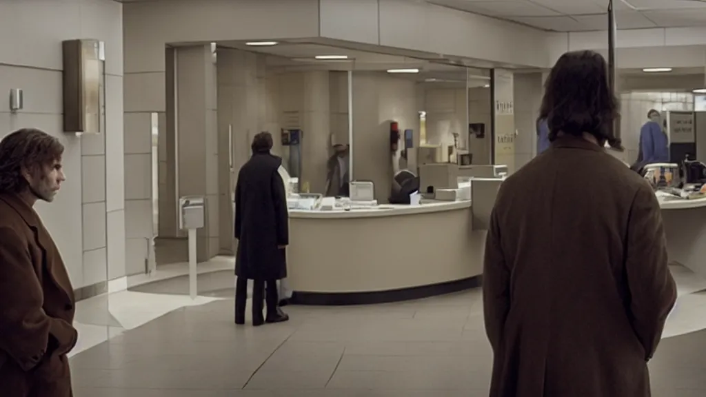 Image similar to the strange creature in line at the bank, film still from the movie directed by Denis Villeneuve with art direction by Salvador Dalí, wide lens