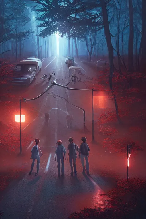 Prompt: an environmental concept art of stranger things, highly detailed, environmental light, cinematic by francis tneh