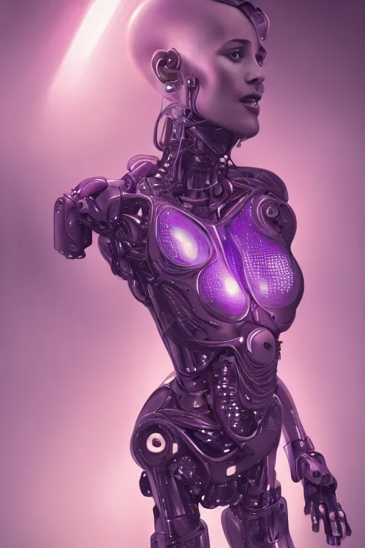 Prompt: attractive female i robot sticking tongue out sensually and sweating, torso portrait, intricate, elegant, purple volumetric lighting, scenery, digital painting, highly detailed, artstation, sharp focus, illustration, concept art, luis rollo, ruan jia, steve mccurry, john berkey