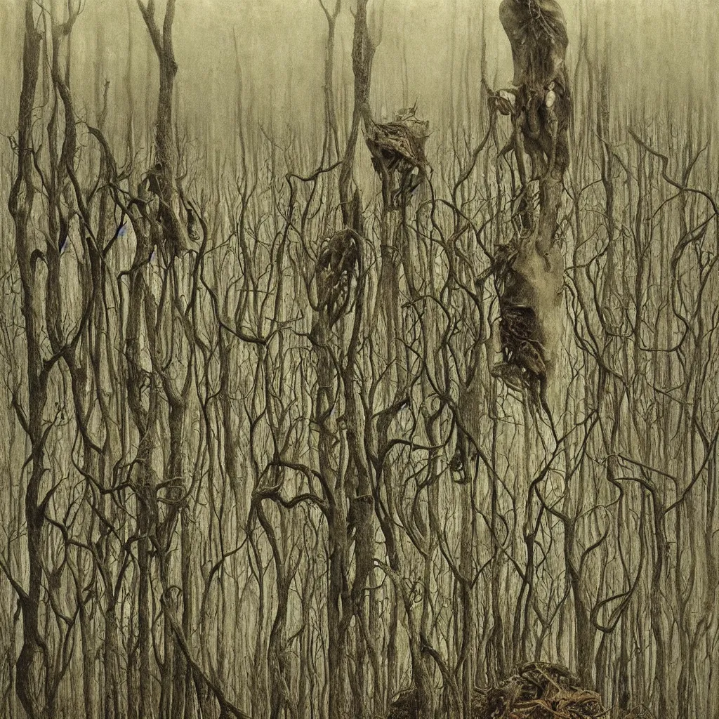 Prompt: a dark forest infested with vile, disgusting, horrible, contorted, insectoid, repugnant, evil, nauseating, vomit, grimy, demonic, insects, style of zdislaw beksinski