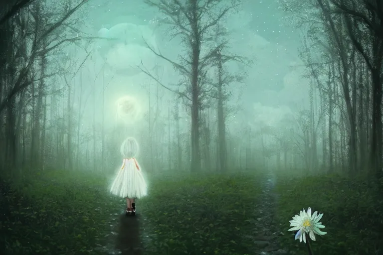 Image similar to giant white daisy flower head, girl walking in dark forest, surreal photography, dark night, stars, moon light, impressionist painting, clouds, digital painting, artstation, simon stalenhag