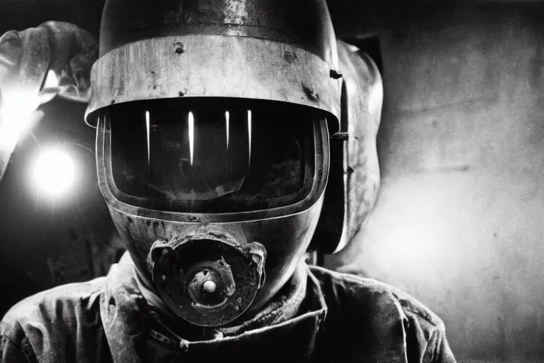 Image similar to close-up of Welder in welding mask in a subway, by Richard Avedon, tri-x pan stock