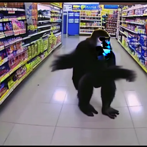 Prompt: cctv footage of gorilla in walmart, high angle security camera feed,