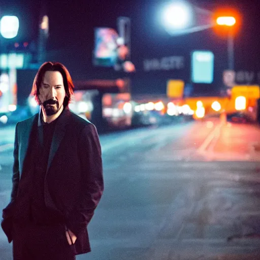 Image similar to a still of Keanu Reeves. Shallow depth of field. City at night in background, lights, colors ,studio lighting, mood, 4K. Profession photography