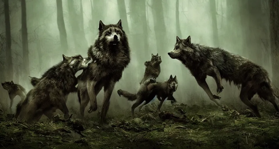 Prompt: an epic action concept masterpiece of a rabid wolfpack, in a forest made of nightmares, horrific digital art, extremely moody lighting, style of chippy