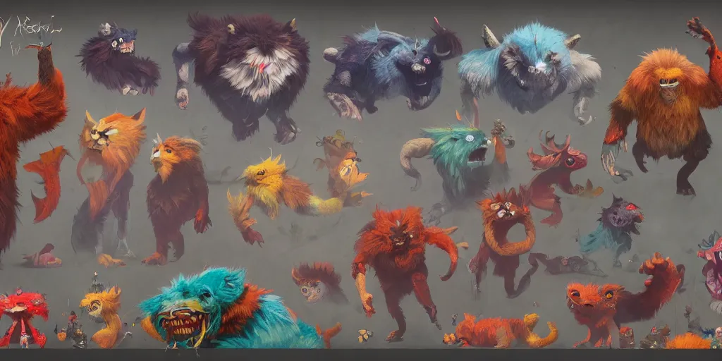 Prompt: big friendly furry monster design, colorful, character sheet, concept design, greg rutkowski, zabrocki, karlkka, jayison devadas, trending on artstation, 8 k, ultra wide angle, zenith view, pincushion lens effect