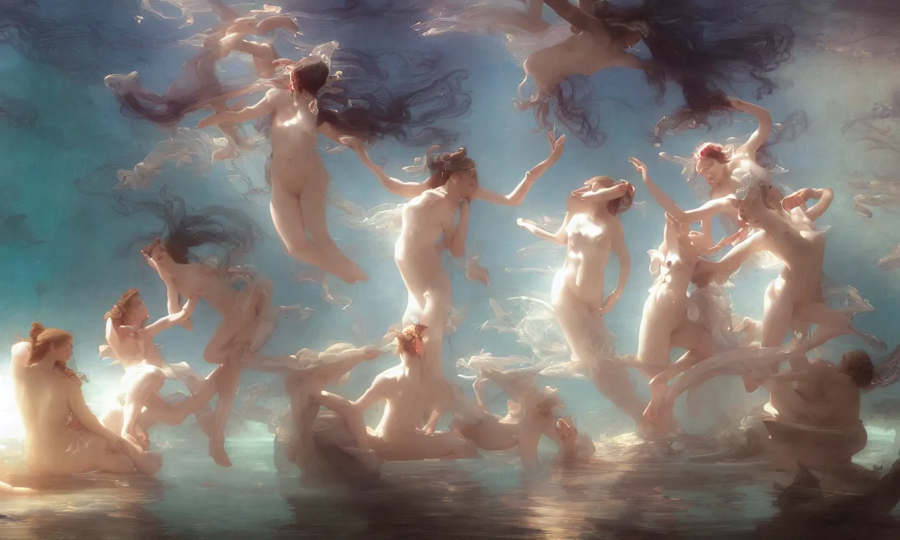 Prompt: a luminous springtime fairytale of beautiful realistic women dancing with silk veils among sea creatures in the romantic underwater baroque kingdom of Neptune. Neon light, masterpiece 4k digital illustration by Ruan Jia and Mandy Jurgens and William-Adolphe Bouguereau, award winning, Artstation, Gustave Dore' background, intricate details, realistic, panoramic view, volumetric lighting, sun rays beaming, Hyperdetailed, 8k resolution, golden hour, intricate art nouveau, smooth, sharp focus, rendered in Unreal Engine 3