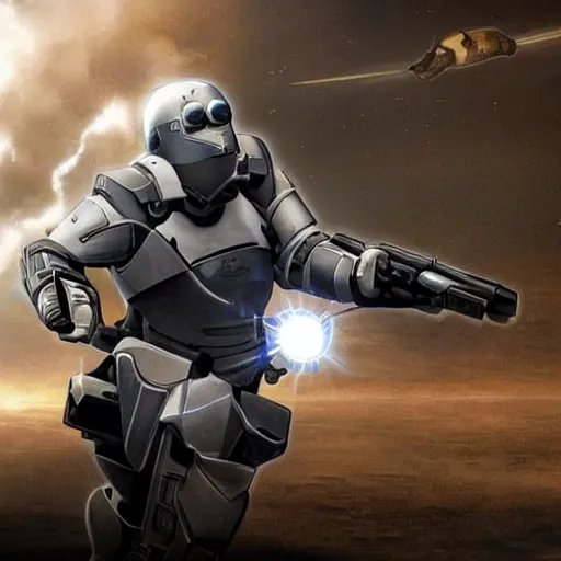 Prompt: movie photograph of an old man who is a veteran of many futuristic wars with short gray hair and blue eyes. he is wearing a light gray futuristic suit of heavy combat armor and holding a blaster in one hand and a plaster plasma - proof shield in the other. riding a white armored motorcycle charging into enemy lines while firing plasma bolts. futuristic battle.