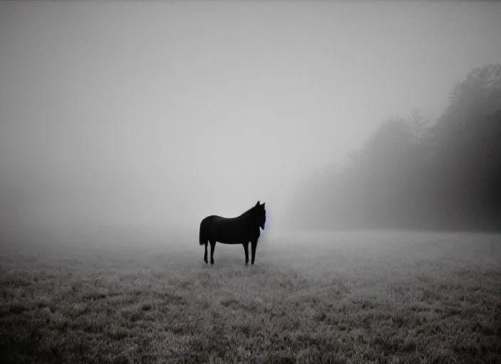 Prompt: an underexposed kodak 500 photograph of a horse with an insect head in the mist, muted color