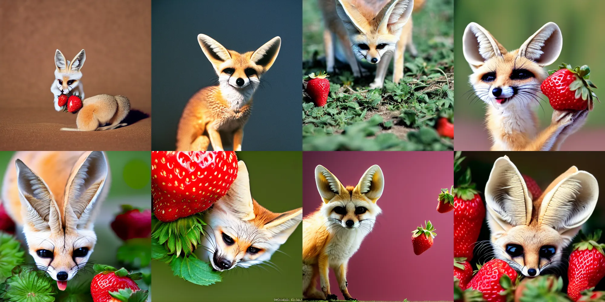 Prompt: A photograph of a fennec fox sneezing on a strawberry, 35mm macro photography