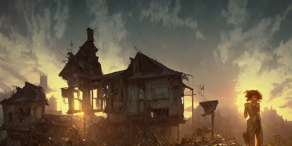 Prompt: decrepit house with legs, city is pure wasteland, sunset in background, detailed characters, alphonse mucha, greg rutkowski, trending on artstation, artgerm, breathtaking, sharp focus, smooth, mark arian, award winning, highly detailed 4 k art