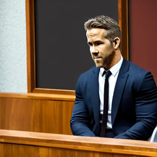 Image similar to ryan reynolds on trial in a courtroom, highly detailed, extremely high quality, hd, 4 k, 8 k, professional photographer, 4 0 mp, lifelike, top - rated, award winning, realistic, detailed lighting, detailed shadows, sharp, no blur, edited, corrected, trending