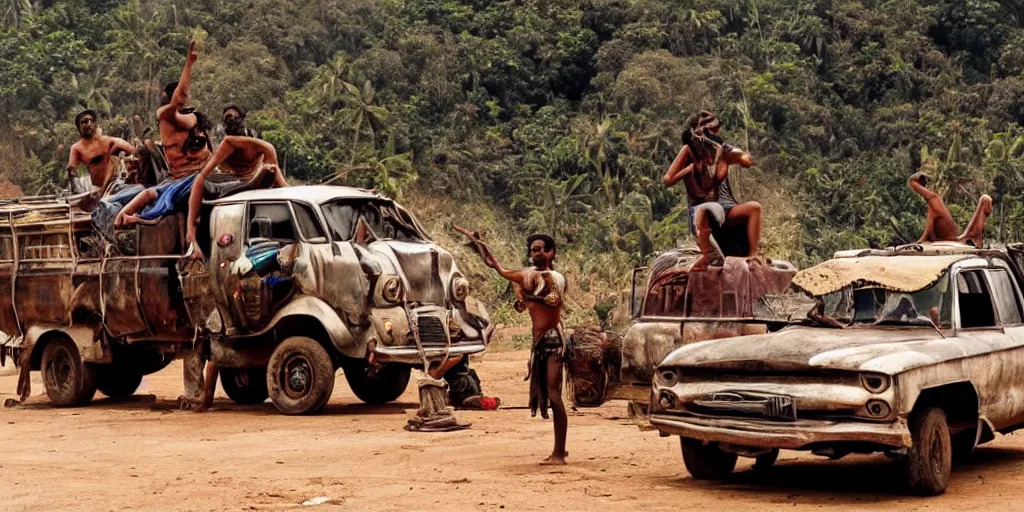 Image similar to sri lankan mad max style, playing bongo drum, on top of a truck, film still, epic shot cinematography, rule of thirds